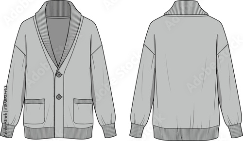 Mens shawl collar cardigan vector illustration, button front knit sweater, front and back view casual winter fashion apparel design