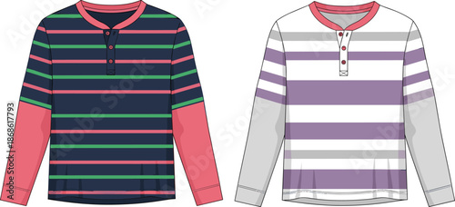 Men's striped long sleeve henley t-shirt vector illustration, casual fashion apparel design, front view, modern textile pattern, for ecommerce branding