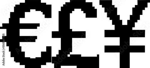 Major world currency symbols pixel art illustration finance concept.