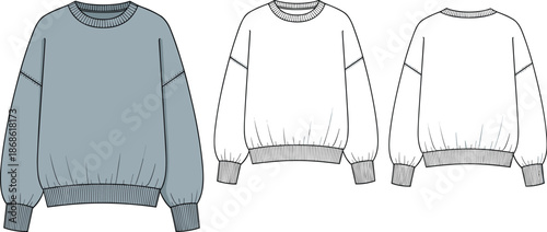 Unisex crewneck sweatshirt technical flat sketch, front back views, long sleeve casual apparel vector illustration, fashion design mockup template