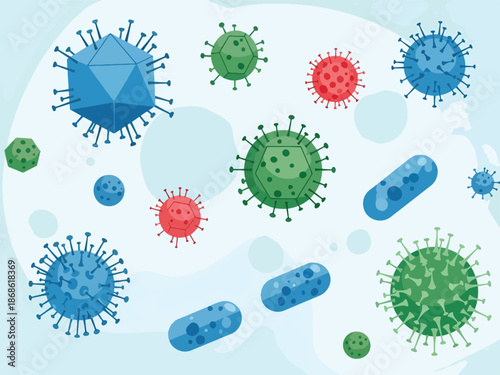 Diverse cartoon illustration of viruses and bacteria shapes against a light blue background