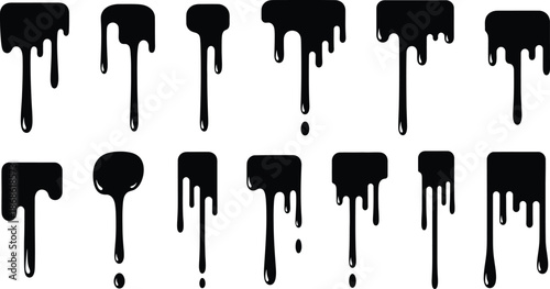 Black dripping paint vector set featuring melting liquid ink drops and flowing oil stains. Silhouette collection of leaking blobs and splashing slime shapes for graffiti design elements.