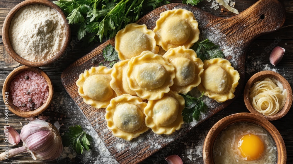 Fototapeta premium Rustic italian ravioli on wooden board with fresh herbs and ingredients.
