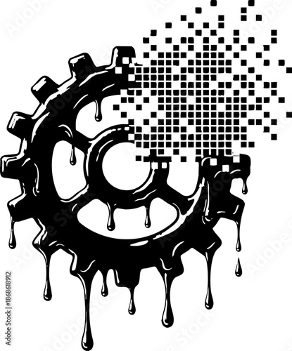 Industrial mechanical gear decaying into digital data glitch