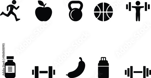black silhouette icons of fitness and nutrition objects