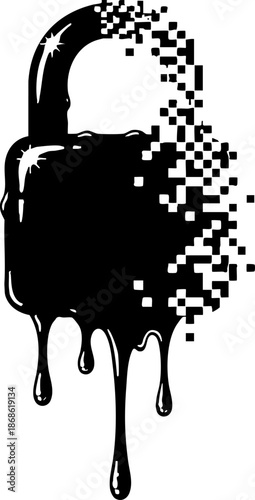 Cyber Security Lock Icon Dissolving into Pixels and Liquid