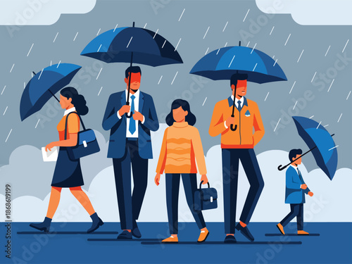 Five figures walking under dark blue umbrellas in the rain