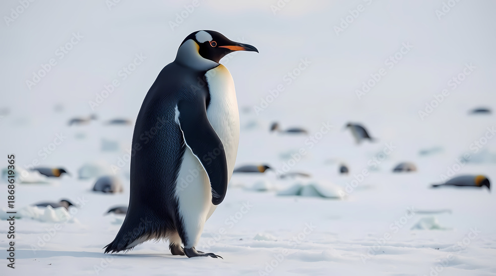 Fototapeta premium Emperor Penguin Standing Proudly On White Snow In Its Natural Antarctic Winter Habitat Background