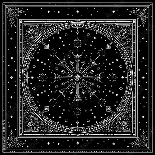 Detailed black and white bandana design featuring a central starburst and ornate border elements design