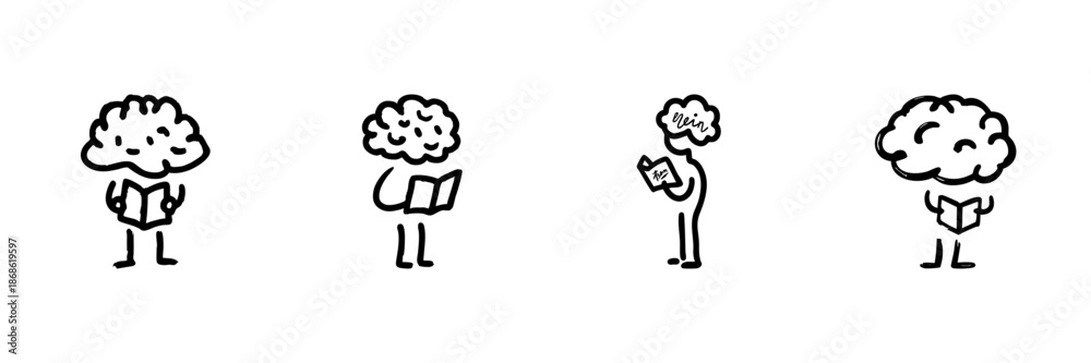 Obraz premium Brain Reading Book Line Icon Set In Doodle Style. Knowledge Acquisition, Learning, And Cognitive Development Outline Sketch Collection. Intellectual Growth. Hand Drawn Isolated Vector Illustration