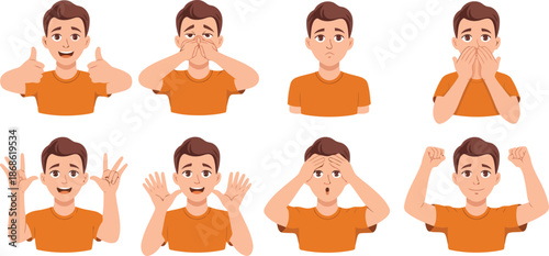 A collection of cartoon illustrations showing a young man performing various facial expressions and hand gestures