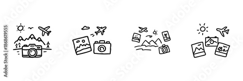 Camera And Travel Line Icon Set In Doodle Style. Adventure, Photography, And Exploration Outline Sketch Collection. Vacation And Tourism Symbols. Hand Drawn Isolated Vector Illustration