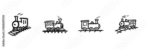 Steam Locomotive Train Line Icon Set In Doodle Style. Vintage Transportation And Railway Travel Outline Sketch Collection. Hand Drawn Isolated Vector Illustration