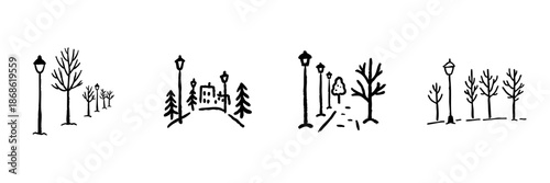 Street Lamp And Tree Line Icon Set In Doodle Style. Urban Landscape, Park Pathway, And Outdoor Scenery Outline Sketch Collection. Hand Drawn Isolated Vector Illustration