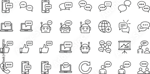 Communication and messaging icon set, chatbot and device symbols, black and white vector illustration, digital media and service theme