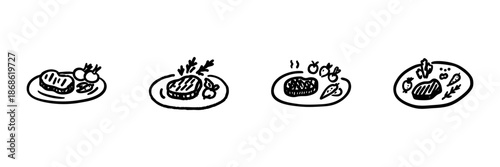 Grilled Steak And Vegetables Line Icon Set In Doodle Style. Culinary Art, Gourmet Dining, And Healthy Meal Outline Sketch Collection. Hand Drawn Isolated Vector Illustration