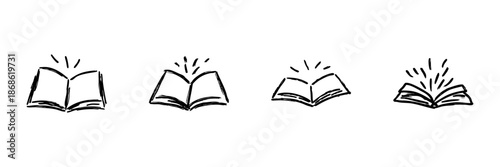 Open Book Line Icon Set In Doodle Style. Knowledge, Learning, And Education Inspiration Outline Sketch Collection. Hand Drawn Isolated Vector Illustration
