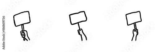 Hand Holding Blank Sign Line Icon Set In Doodle Style. Protest, Advocacy, And Communication Outline Sketch Collection. Symbol Of Expression And Demonstration. Hand Drawn Isolated Vector Illustration