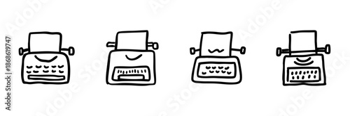 Vintage Typewriter Line Icon Set In Doodle Style. Retro Writing, Journalism, And Creativity Tools Outline Sketch Collection. Hand Drawn Isolated Vector Illustration