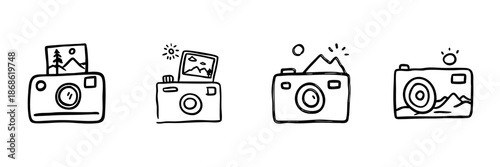 Camera With Landscape Photos Line Icon Set In Doodle Style. Photography, Travel, And Nature Exploration Outline Sketch Collection. Hand Drawn Isolated Vector Illustration