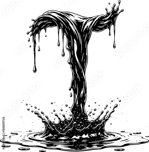 Letter T formed by black liquid splash and swirling dark fluid.