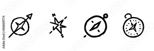 Compass And Navigation Tools Line Icon Set In Doodle Style. Direction Finding, Exploration, And Wayfinding Outline Sketch Collection. Hand Drawn Isolated Vector Illustration