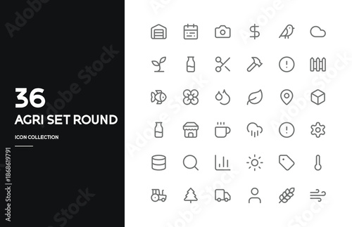 Agriculture Line Icons Set – Farming, Agribusiness, Smart Agriculture, uitable for agri-tech platforms, farm management apps, food industry websites, and sustainability projects.
