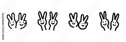 Peace Sign Hand Gesture Line Icon Set In Doodle Style. Friendship, Positivity, And Victory Symbol Outline Sketch Collection. Hand Drawn Isolated Vector Illustration