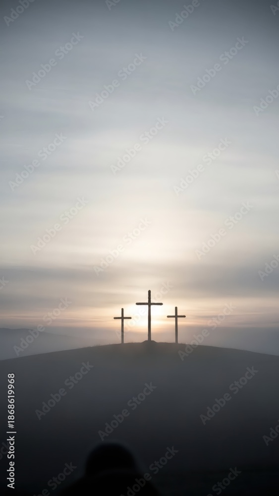 Obraz premium Three Christian cross silhouettes on a hill at sunset. Religious Easter holiday concept for faith, hope and salvation.