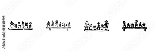Potted Plants On Shelves Line Icon Set In Doodle Style. Indoor Gardening, Home Decor, And Plant Care Outline Sketch Collection. Hand Drawn Isolated Vector Illustration