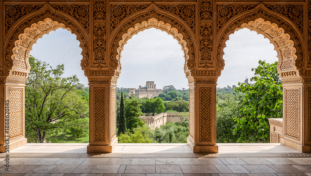 Fototapeta premium Intricate Moorish arches frame a distant castle and lush green landscape