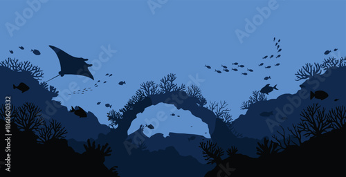 Underwater scene, coral reef, manta ray, marine life, ocean biodiversity, fish school, sea creatures, aquatic habitat, nature illustration, reef ecosystem, ocean depth