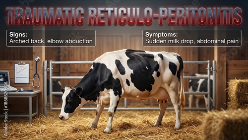 A black and white cow exhibits signs of traumatic reticulopericarditis in a barn with symptoms of arched back and elbow abduction with veterinary