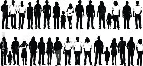 Set of family silhouettes walking with strollers and children in different poses isolated on white background for vector design projects
