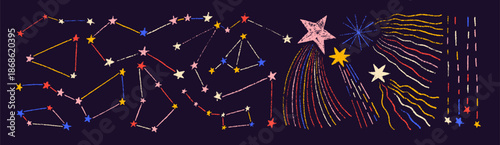 Crayon drawn funky constellation and shooting stars stickers on dark night background. Pencil drawing cosmic elements. Abstract astrology doodle clip art icons. Kid's doodle stars with pencil texture.