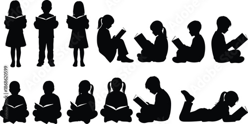 Silhouettes of children and students reading books in various poses including standing sitting and lying down for education and literacy.