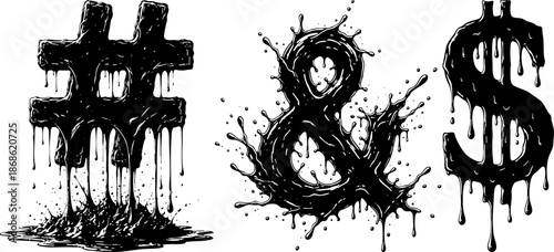 Black Dripping Symbols Vector Art Set. Hashtag, Dollar, Ampersand.