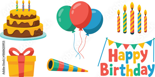 A colorful collection of birthday party celebration elements featuring cake, balloons, candles, a gift, and text