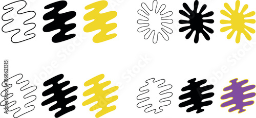 colorful abstract shapes and lines in black yellow purple and white on white background
