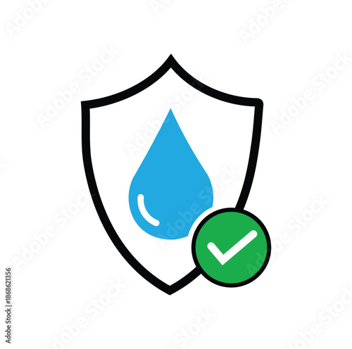 Icon representing a blue water drop inside a shield with a green checkmark signifying water protection.