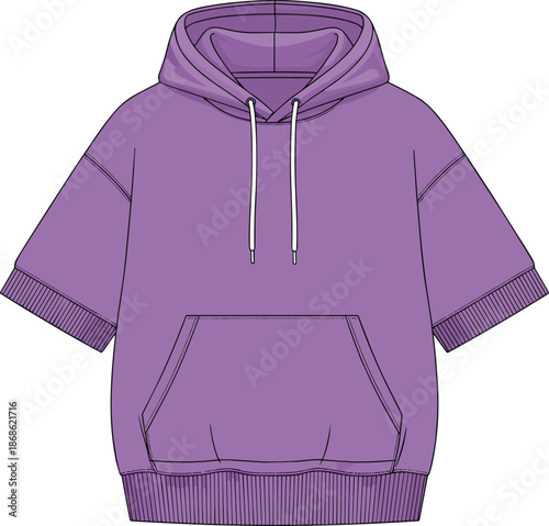Purple short-sleeve hoodie illustration, front pocket and drawstring hood, realistic vector apparel design, fashion and garment template