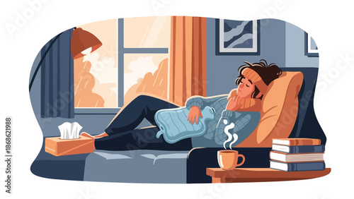 Illustration of a woman resting on a couch with a tissue box, books, and a hot beverage, looking unwell while sitting by a window.