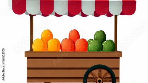 Vibrant fruit cart with orange, yellow, green fruits displayed in closeup transition