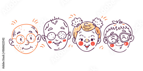 A collection of faces from different generations, from grandparents to toddlers, in a whimsical doodle style. Featuring wrinkles, glasses, and cute expressions. Saturated, warm colors and organic.