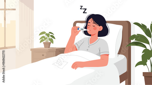Illustration of a woman lying in bed, taking her temperature with a thermometer, surrounded by plants in a bright bedroom.