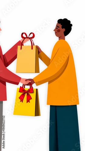 Animated characters exchanging gift bag with ribbon in wholesome interaction