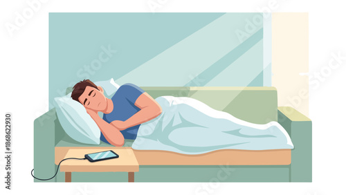 A man sleeps peacefully in bed with a phone on a bedside table in a cozy room with soft lighting.