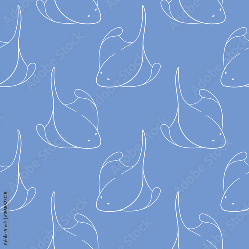 Seamless pattern with stingray in line art style. Wallpaper for summer design on blue background.