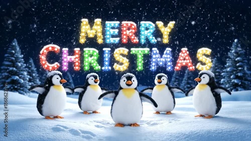 Cute Penguins Celebrating Christmas in Snowy Landscape with Festive Lights
