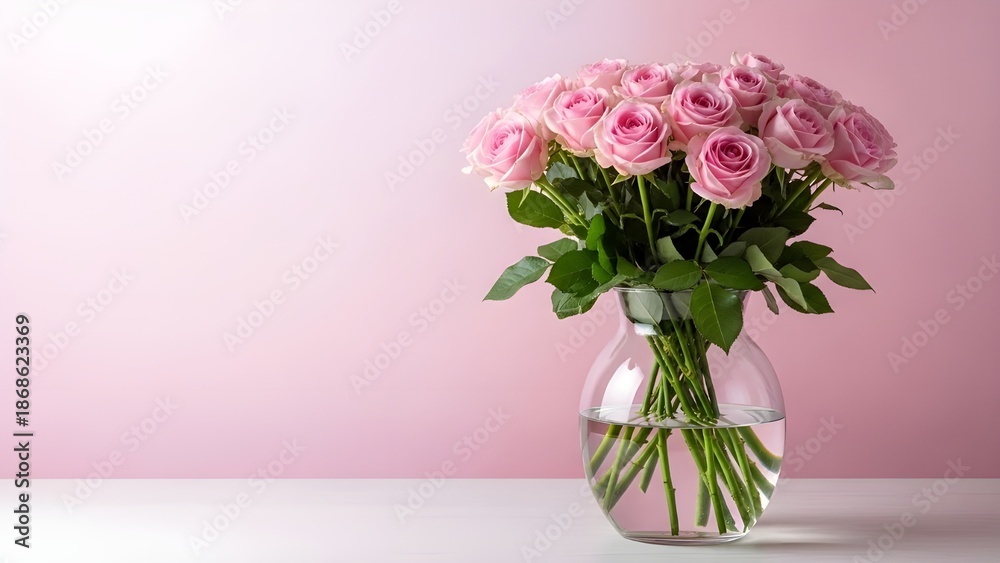 Fototapeta premium Happy valentine's day festival bouquet of pink roses in glass vase